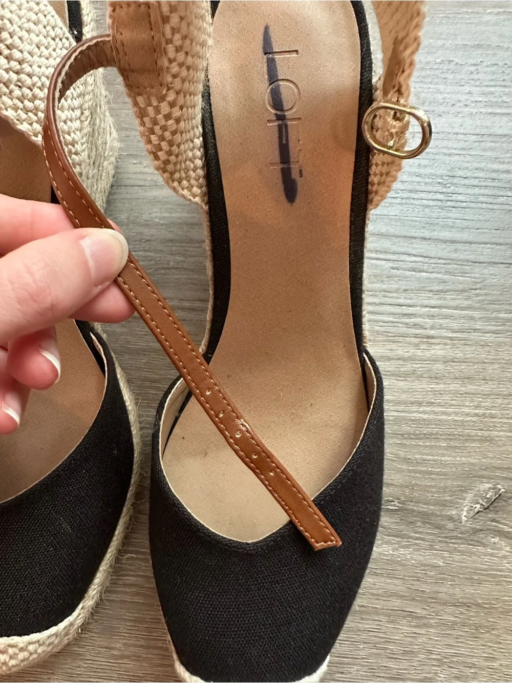 LOFT Black and Beige Espadrille Wedge Sandals
